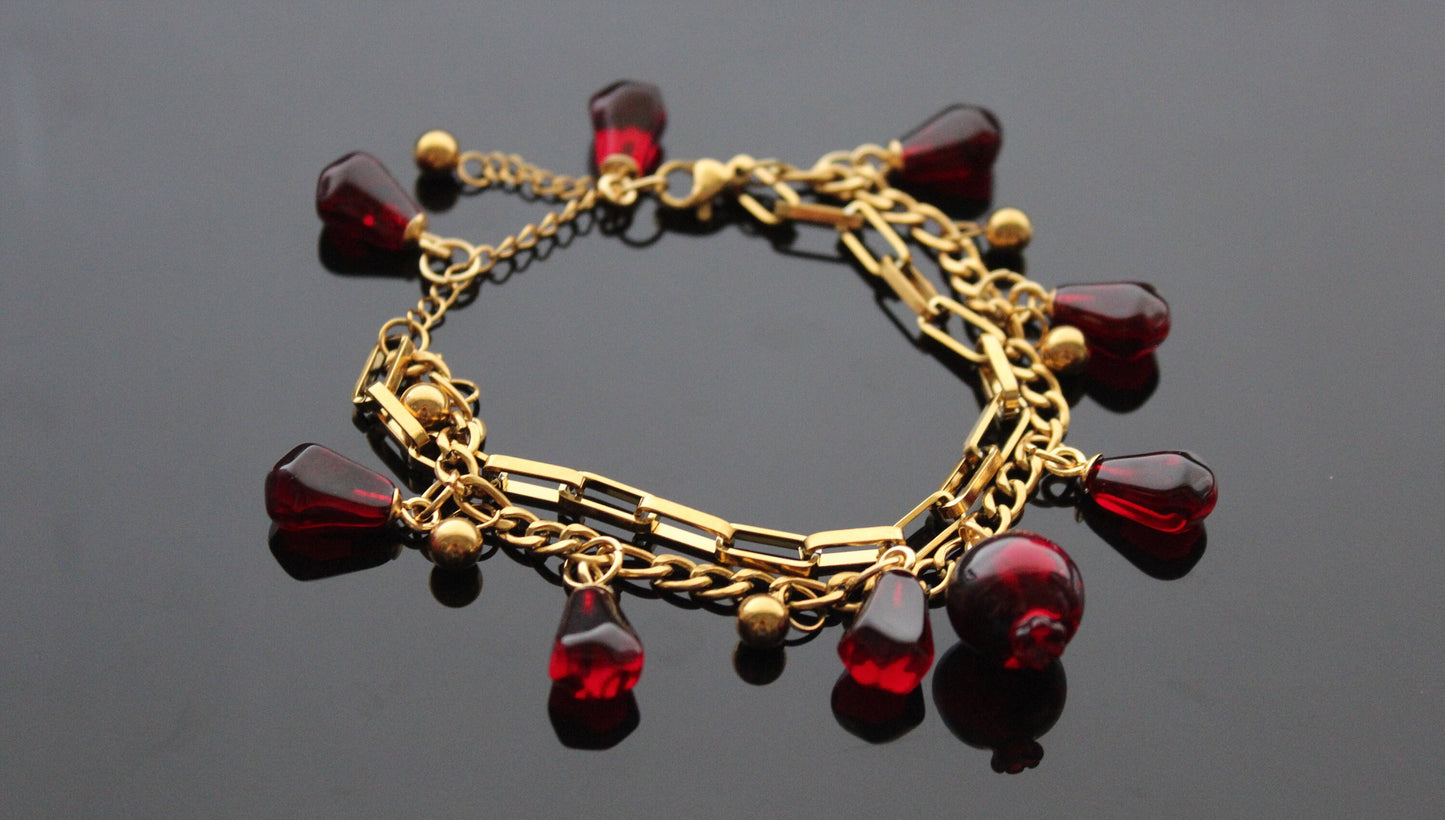 Adjustable 18K gold  plated stainless steel pomegranate bracelet with resin or glass charms