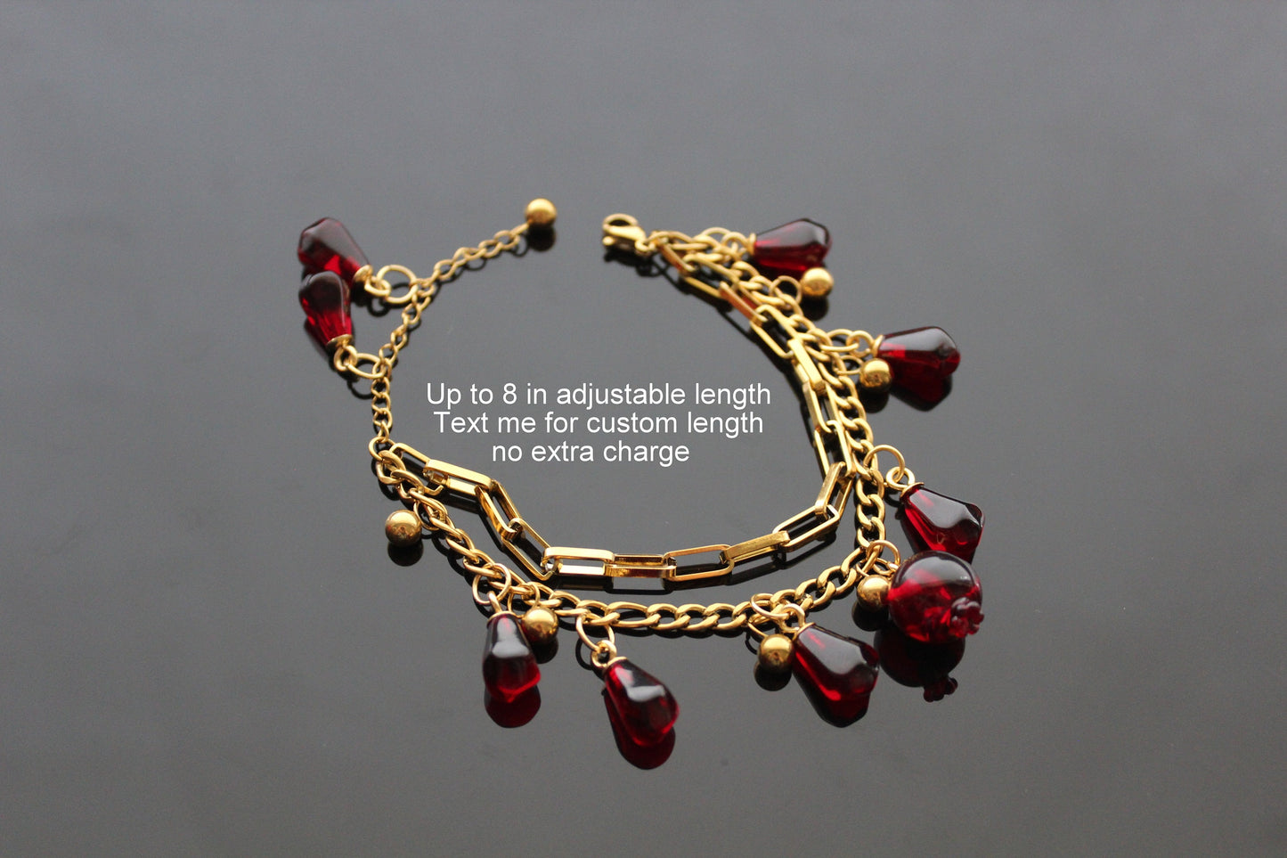 Adjustable 18K gold  plated stainless steel pomegranate bracelet with resin or glass charms