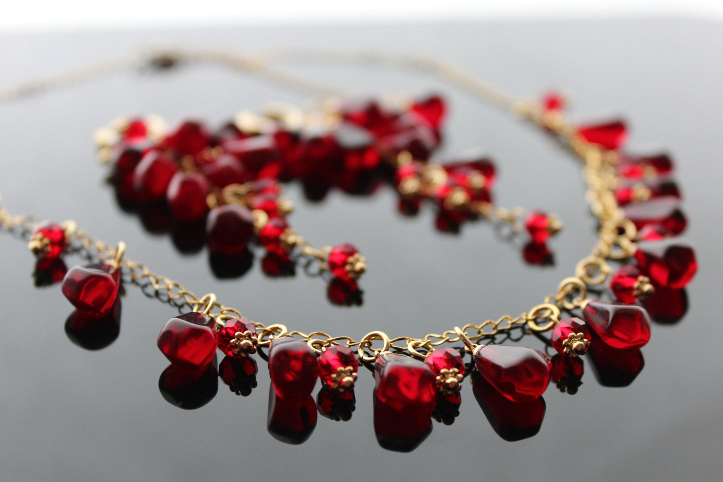 Handmade pomegranate seeds 18K gold plated stainless steel jewelry set with resin charms. Glass set only custom order.