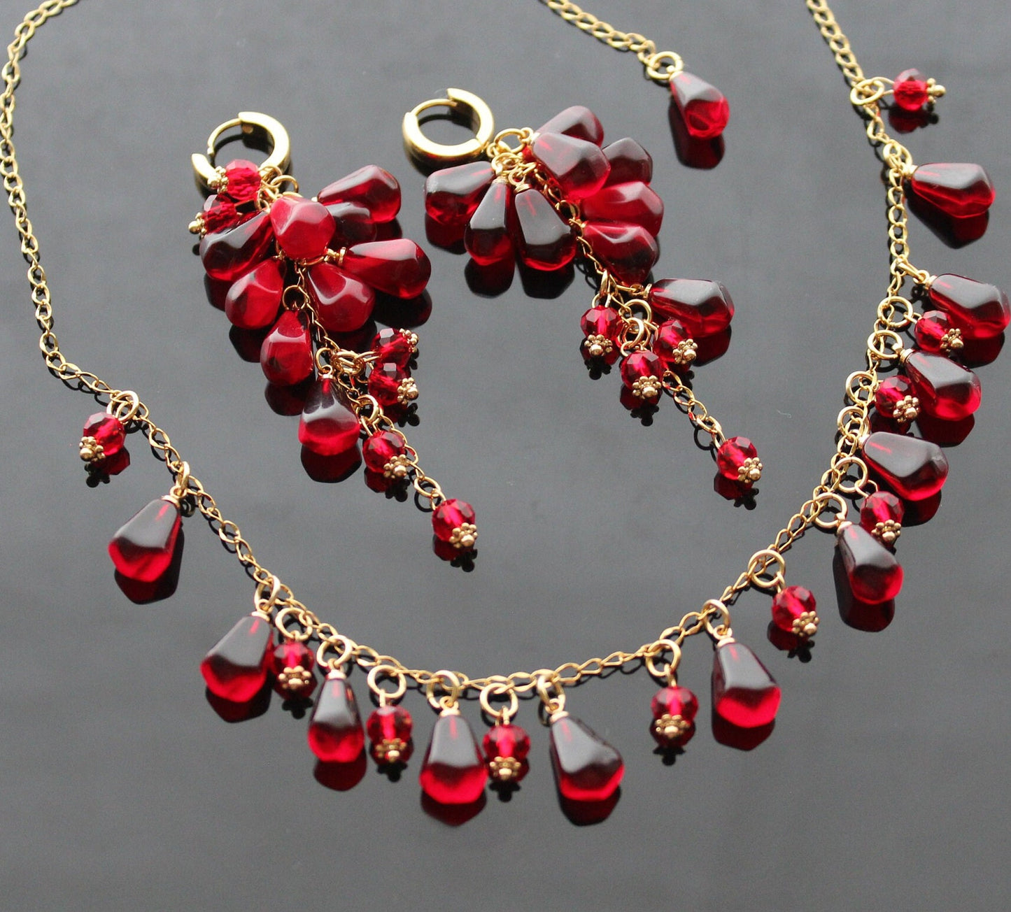 Handmade pomegranate seeds 18K gold plated stainless steel jewelry set with resin charms. Glass set only custom order.