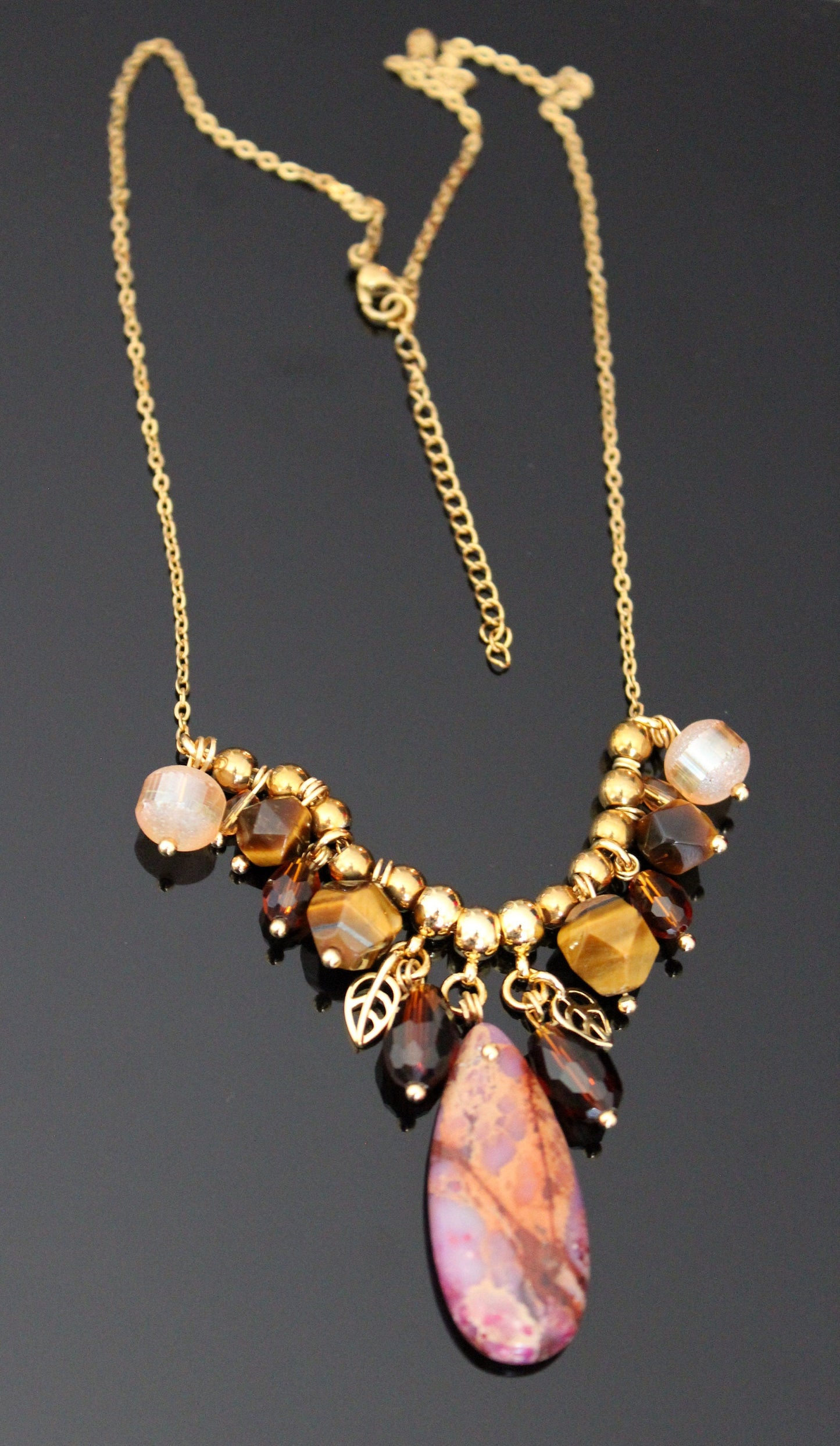 Handmade beaded jewelry with natural jasper, tiger eye, glass and 18K gold plated stainless steel