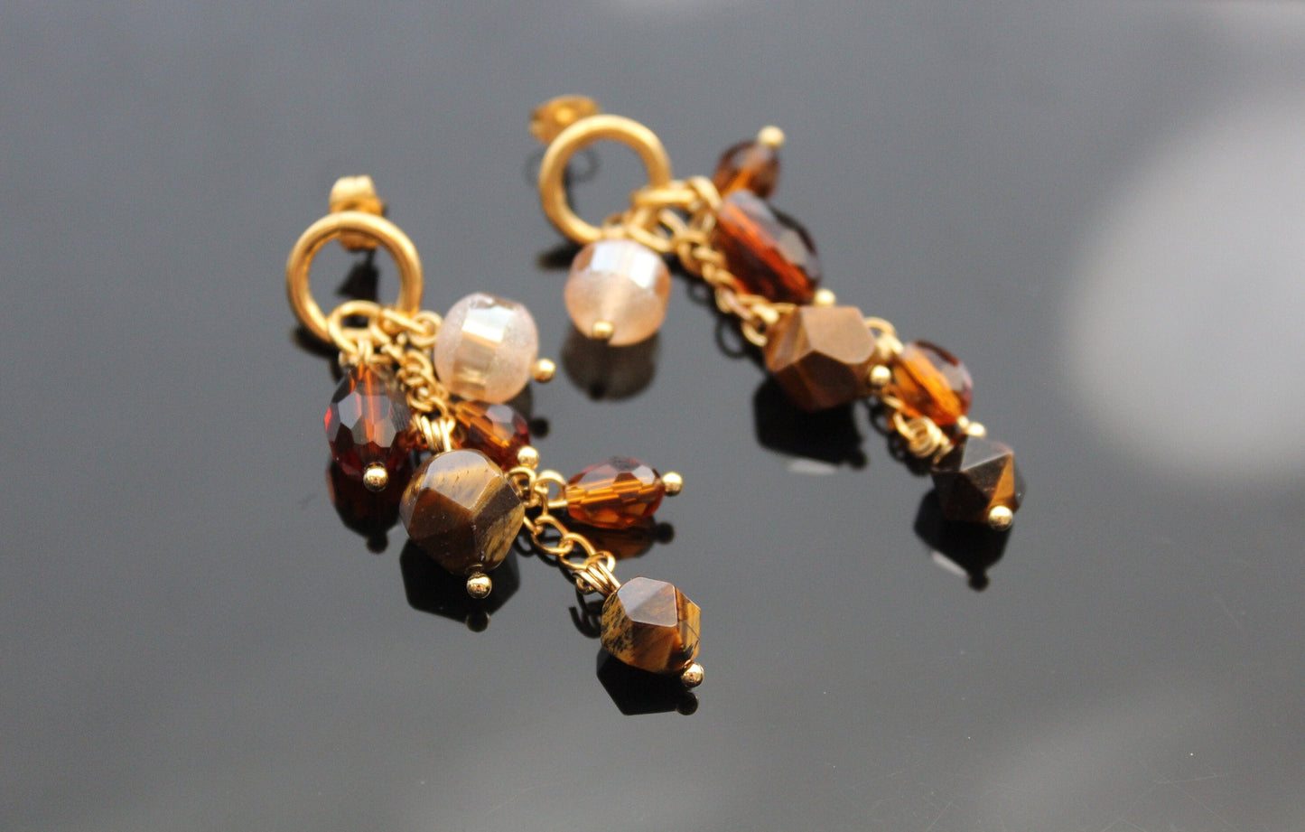 Handmade beaded jewelry with natural jasper, tiger eye, glass and 18K gold plated stainless steel