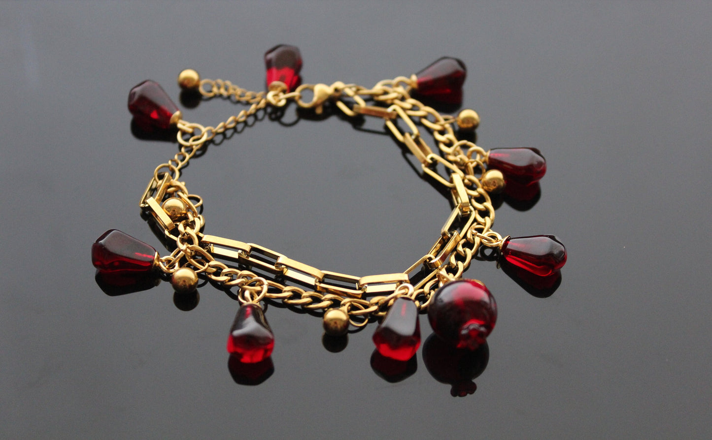 Adjustable 18K gold  plated stainless steel pomegranate bracelet with resin or glass charms
