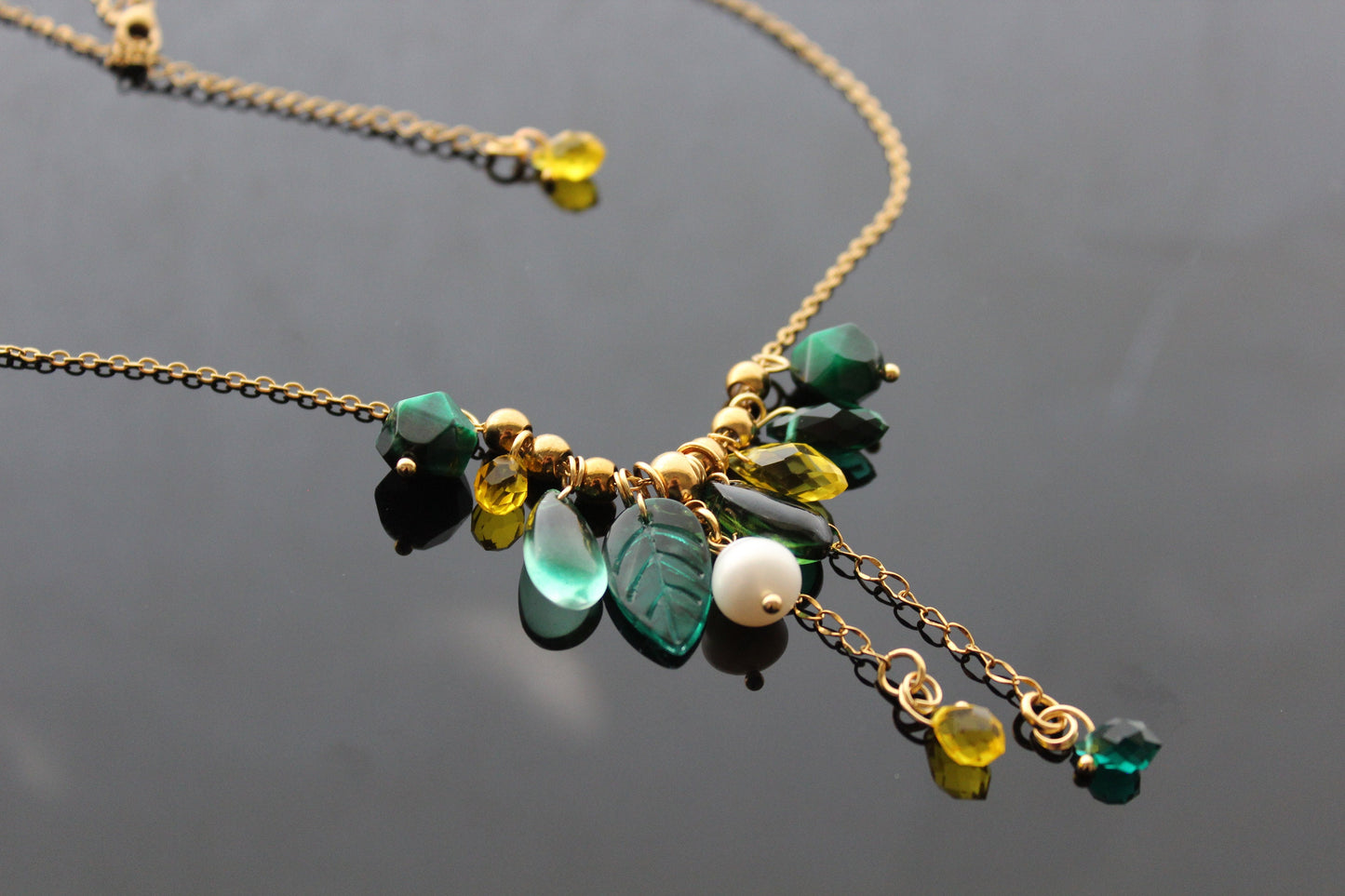 Handmade beaded jewelry with natural pearl, amethyst, glass and 18K gold plated stainless steel