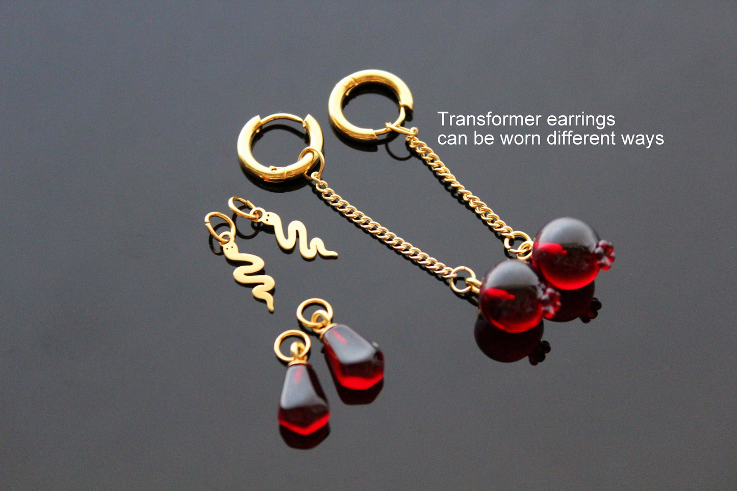 Handmade pomegranate earrings, transformer earrings