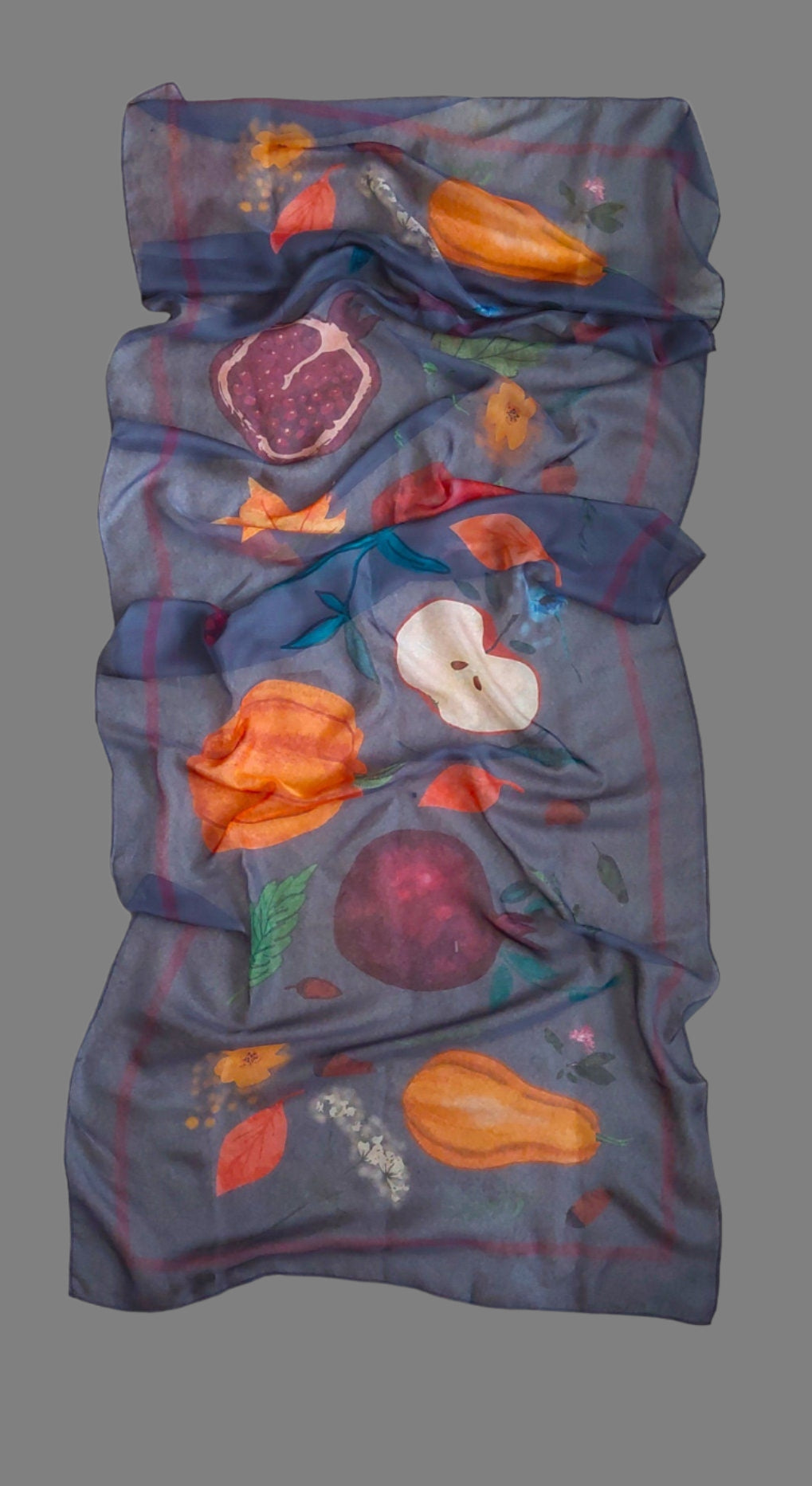24-70 in Silk and polyester blend Fall large soft chiffon wrap scarf with fruits and leaves