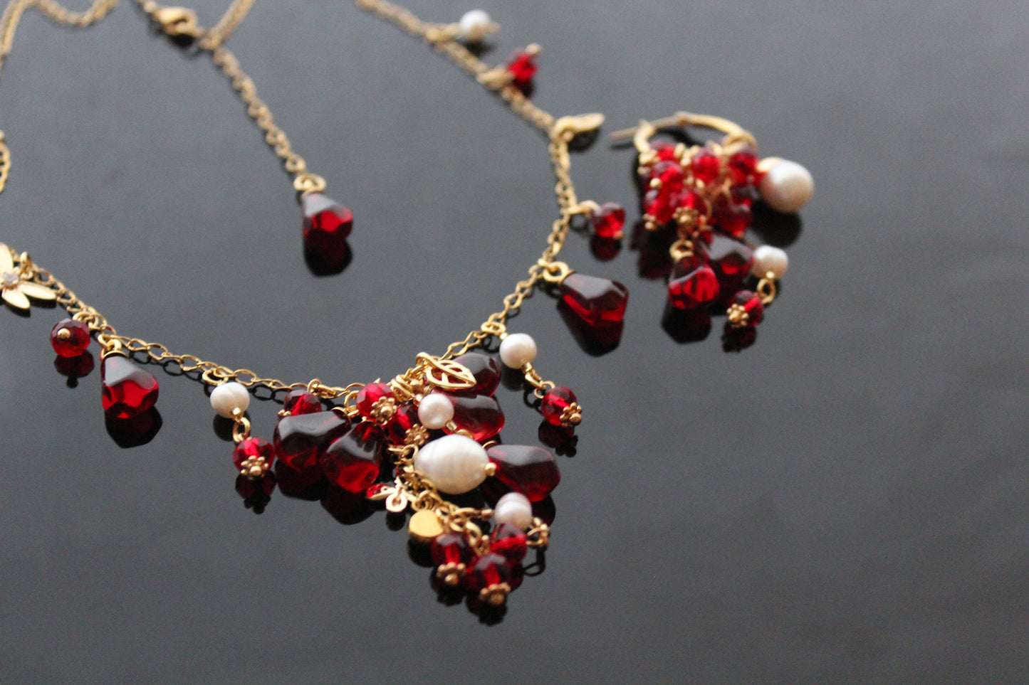Handmade 18K gold plated stainless steel non tarnish Pomegranate seeds jewelry set with natural pearls