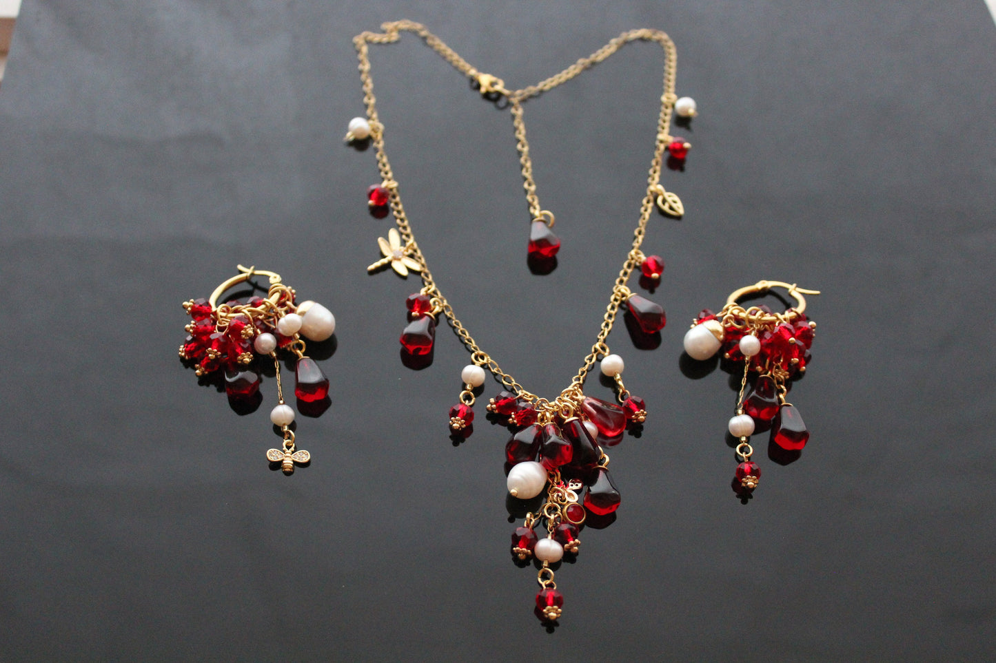 Handmade 18K gold plated stainless steel non tarnish Pomegranate seeds jewelry set with natural pearls