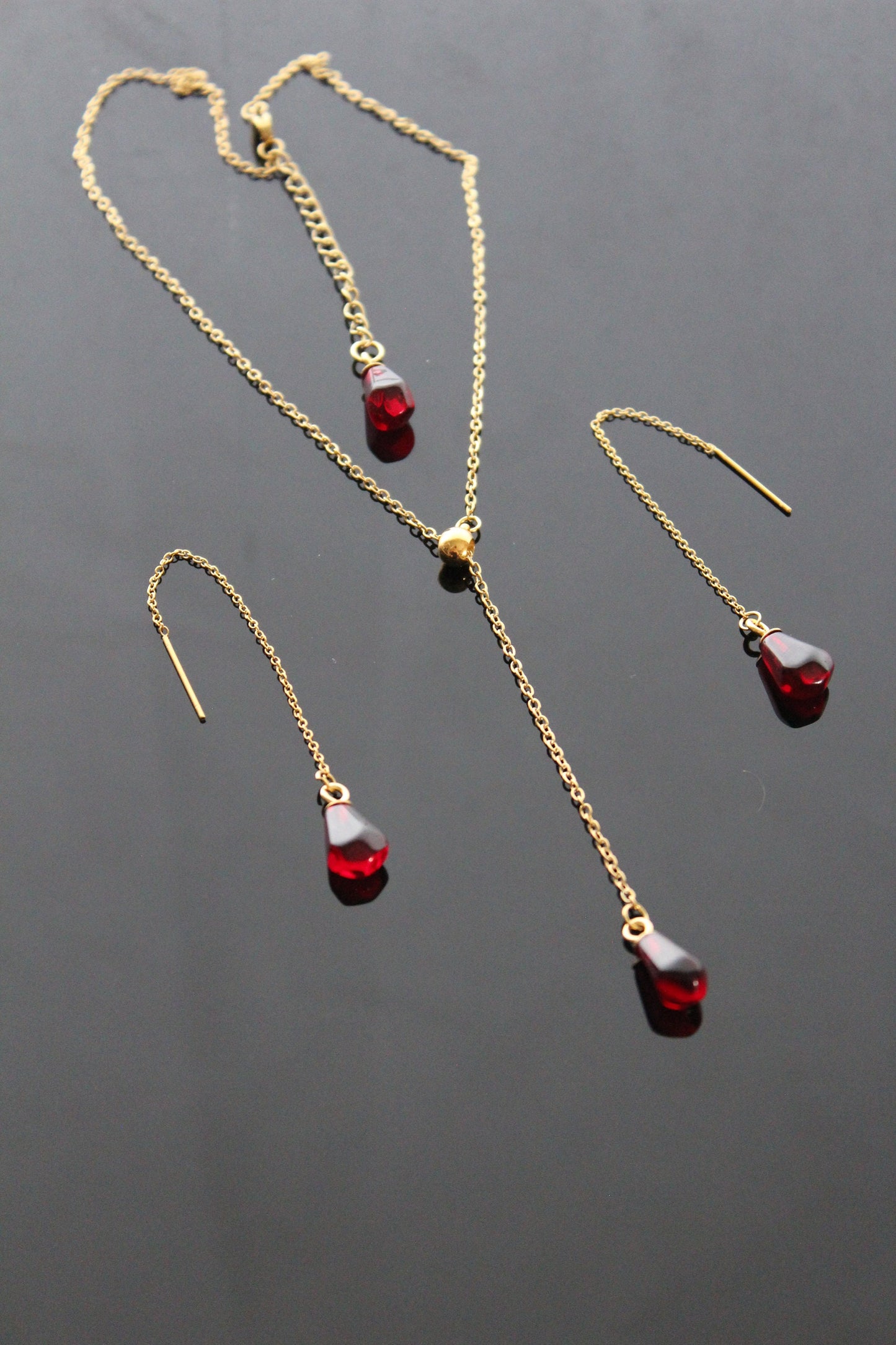 14K gold plated stainless steel Pomegranate seed Y shape necklace and threader earrings