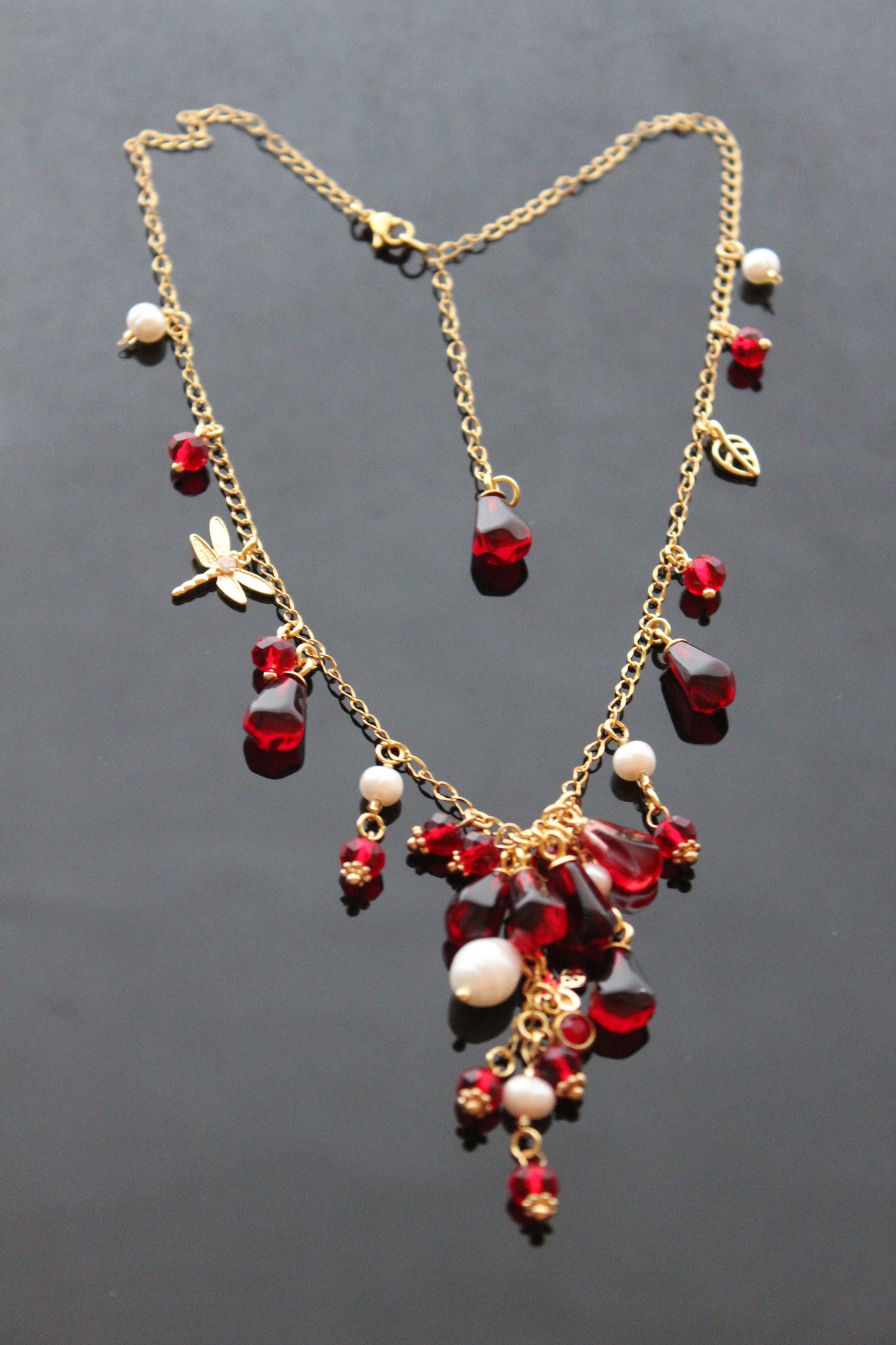 Handmade 18K gold plated stainless steel non tarnish Pomegranate seeds jewelry set with natural pearls