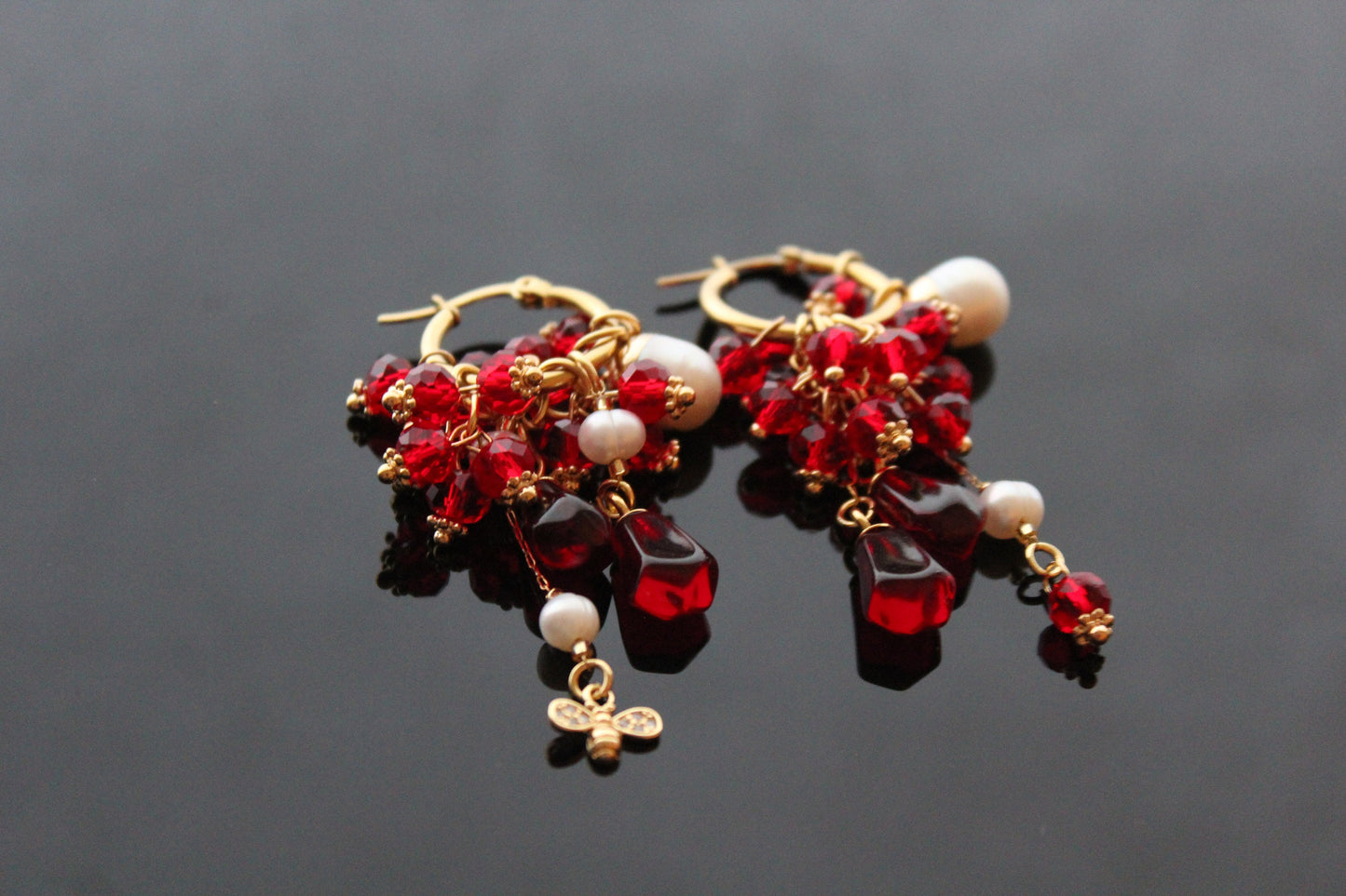 Handmade 18K gold plated stainless steel non tarnish Pomegranate seeds jewelry set with natural pearls