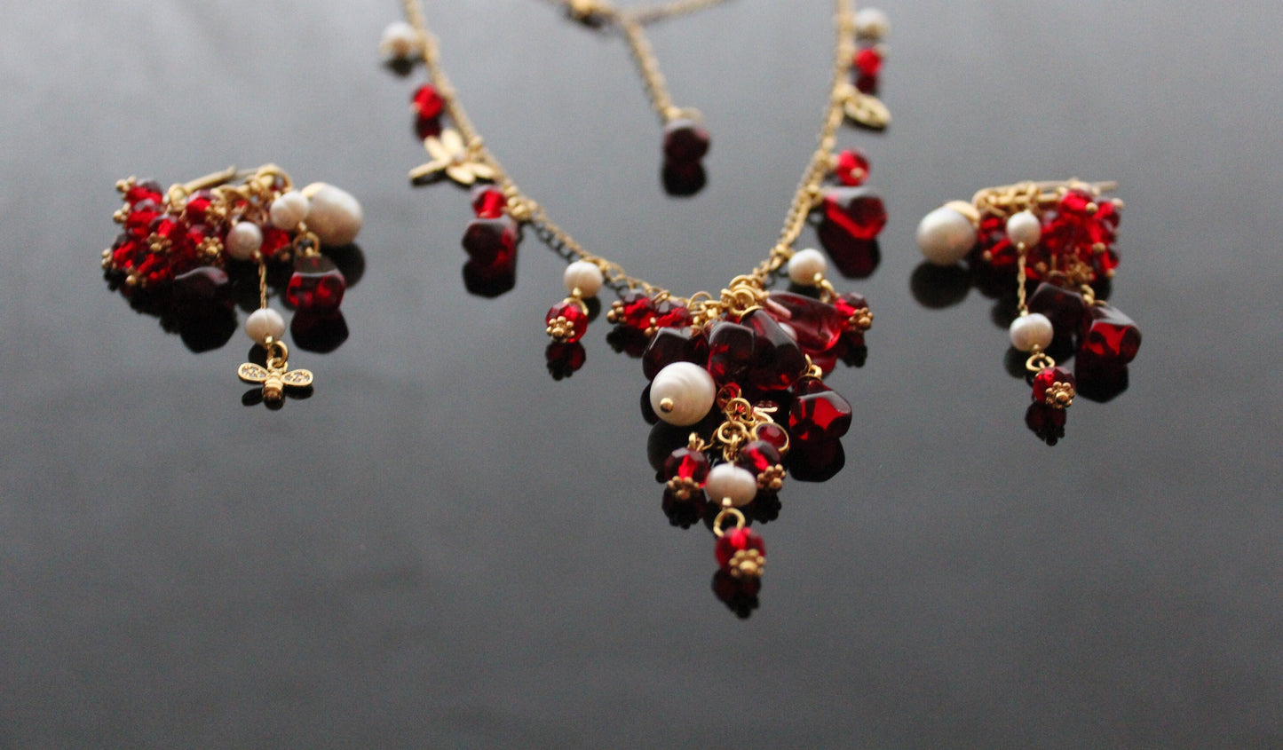 Handmade 18K gold plated stainless steel non tarnish Pomegranate seeds jewelry set with natural pearls