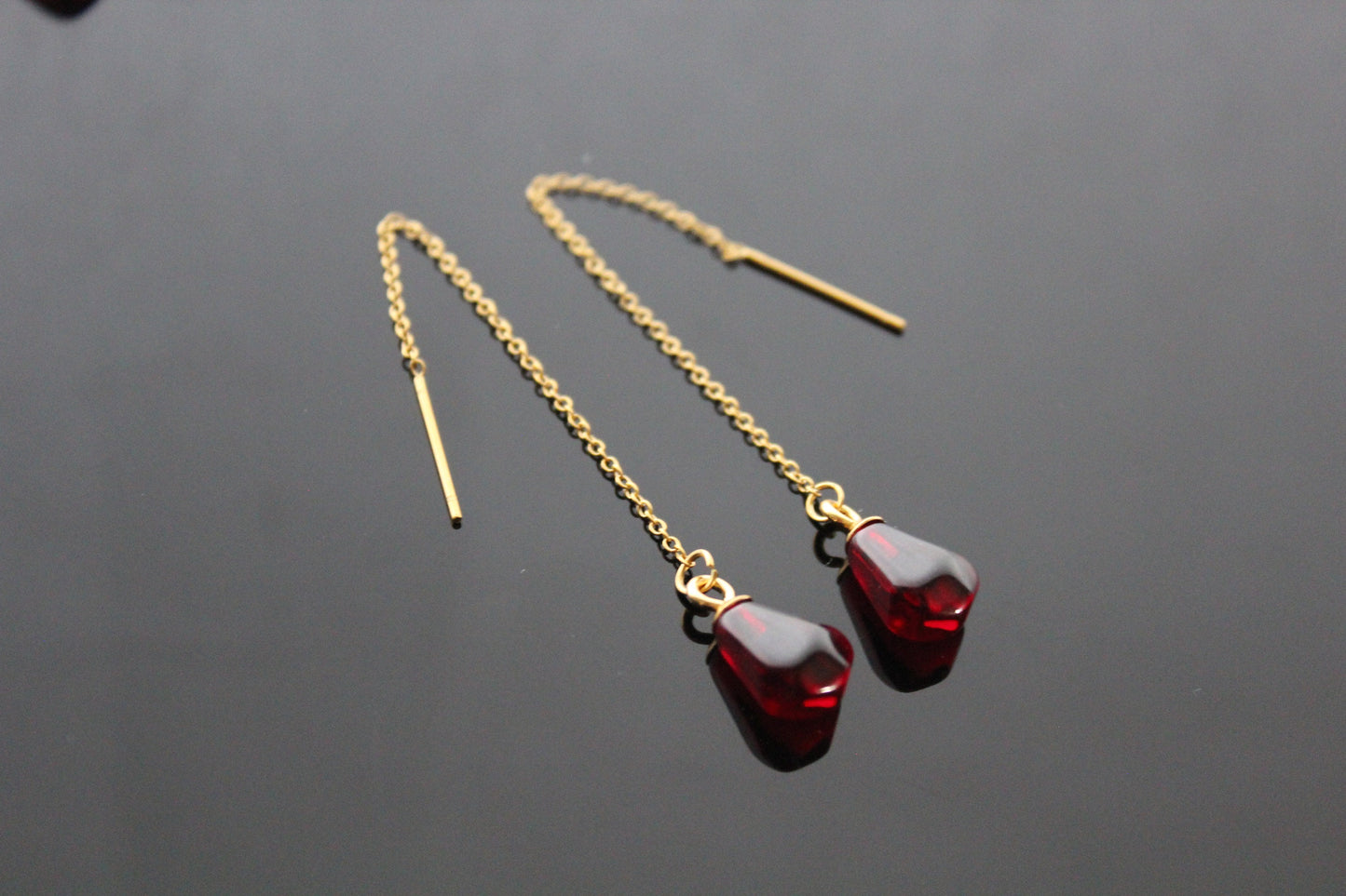 14K gold plated stainless steel Pomegranate seed Y shape necklace and threader earrings