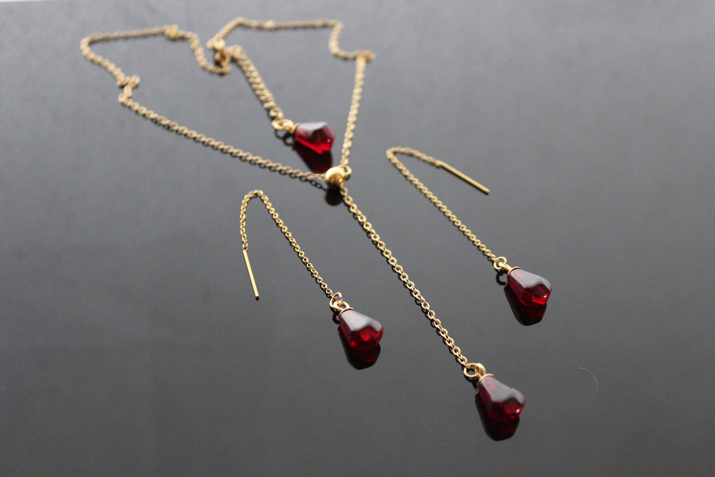 14K gold plated stainless steel Pomegranate seed Y shape necklace and threader earrings