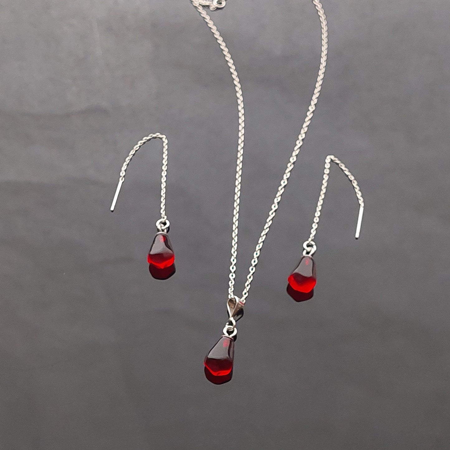 925 sterling silver Pomegranate Glass seed necklace and threader earrings