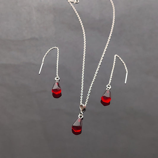925 sterling silver  Pomegranate Glass seed necklace and threader earrings