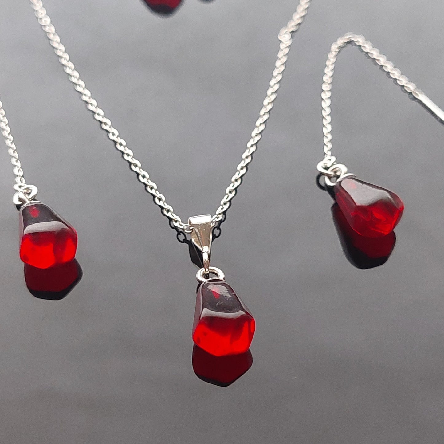 925 sterling silver Pomegranate Glass seed necklace and threader earrings