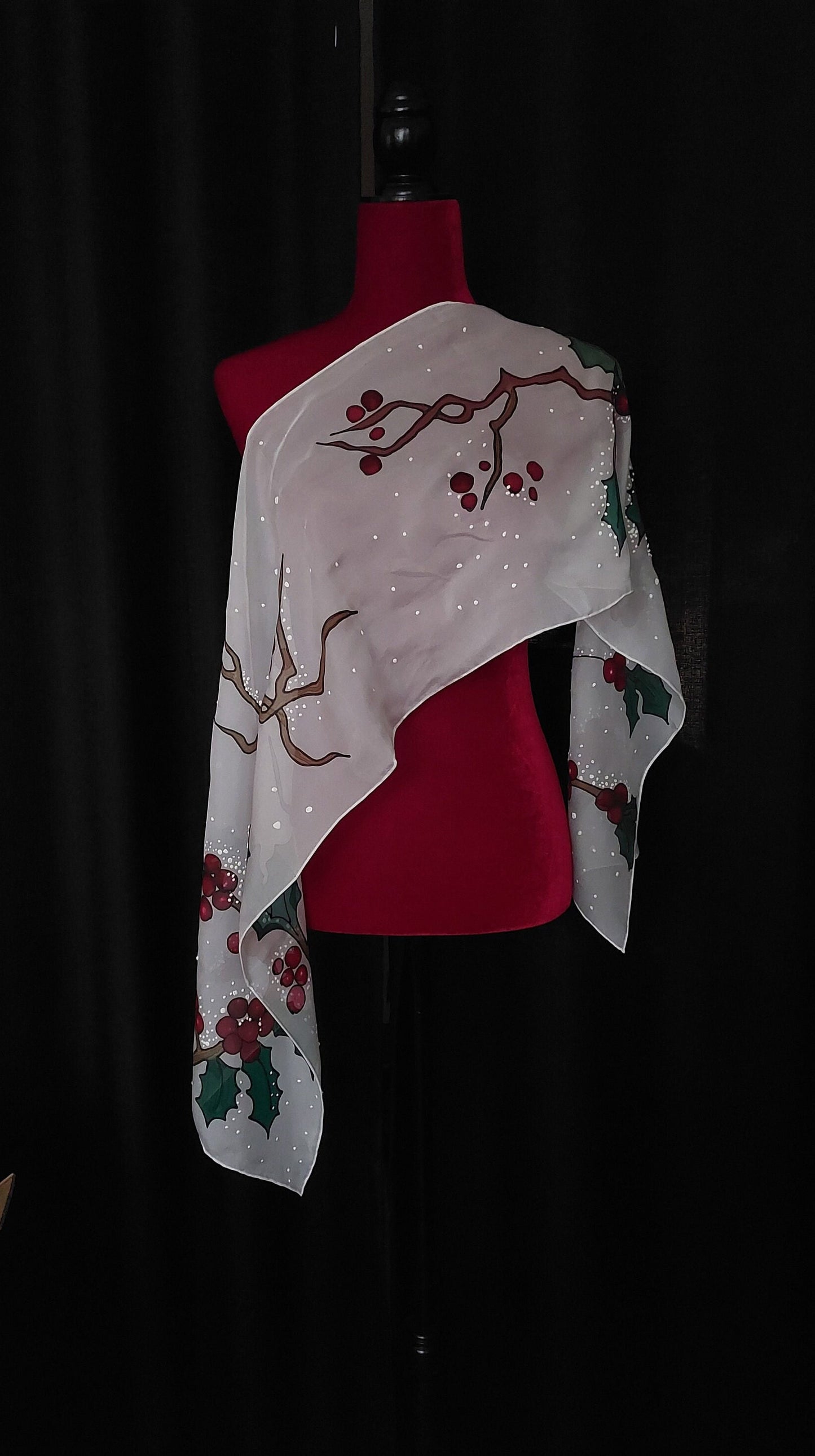 Hand painted Winter scarf, Snowball Winter Bird scarf