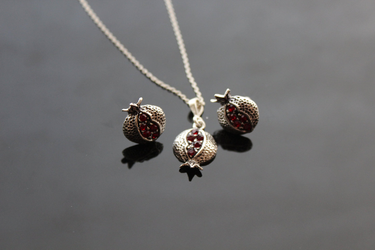 925 sterling silver small delicate pomegranate earrings and necklace