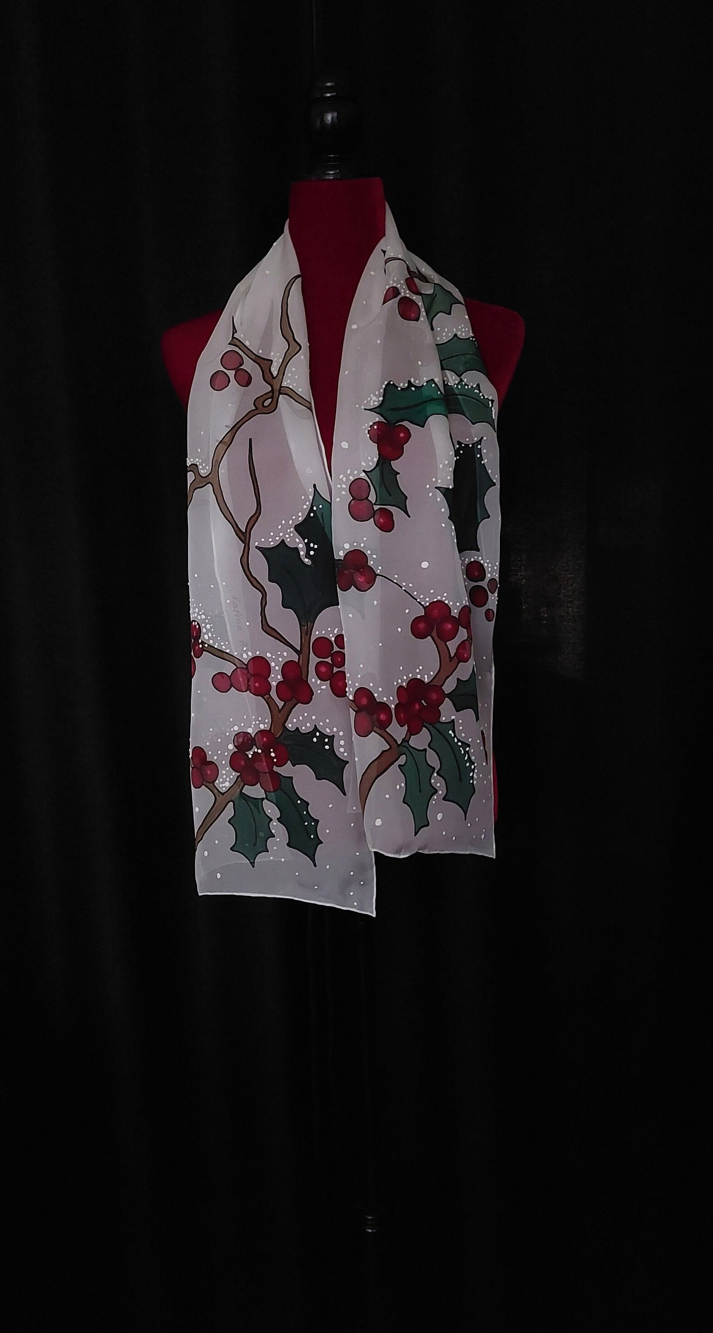 Hand painted Winter scarf, Snowball Winter Bird scarf