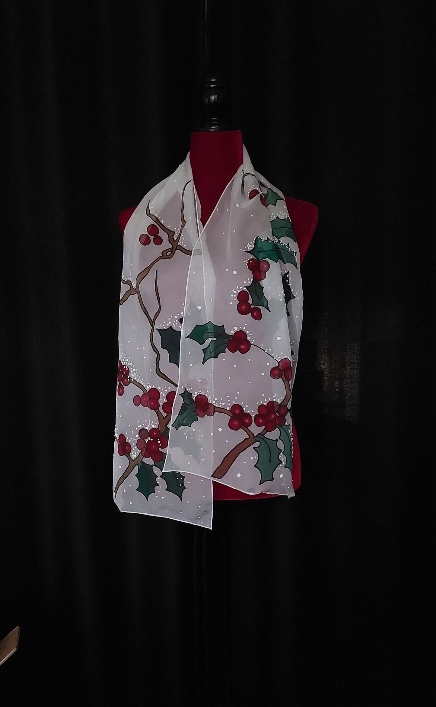 Hand painted Winter scarf, Snowball Winter Bird scarf