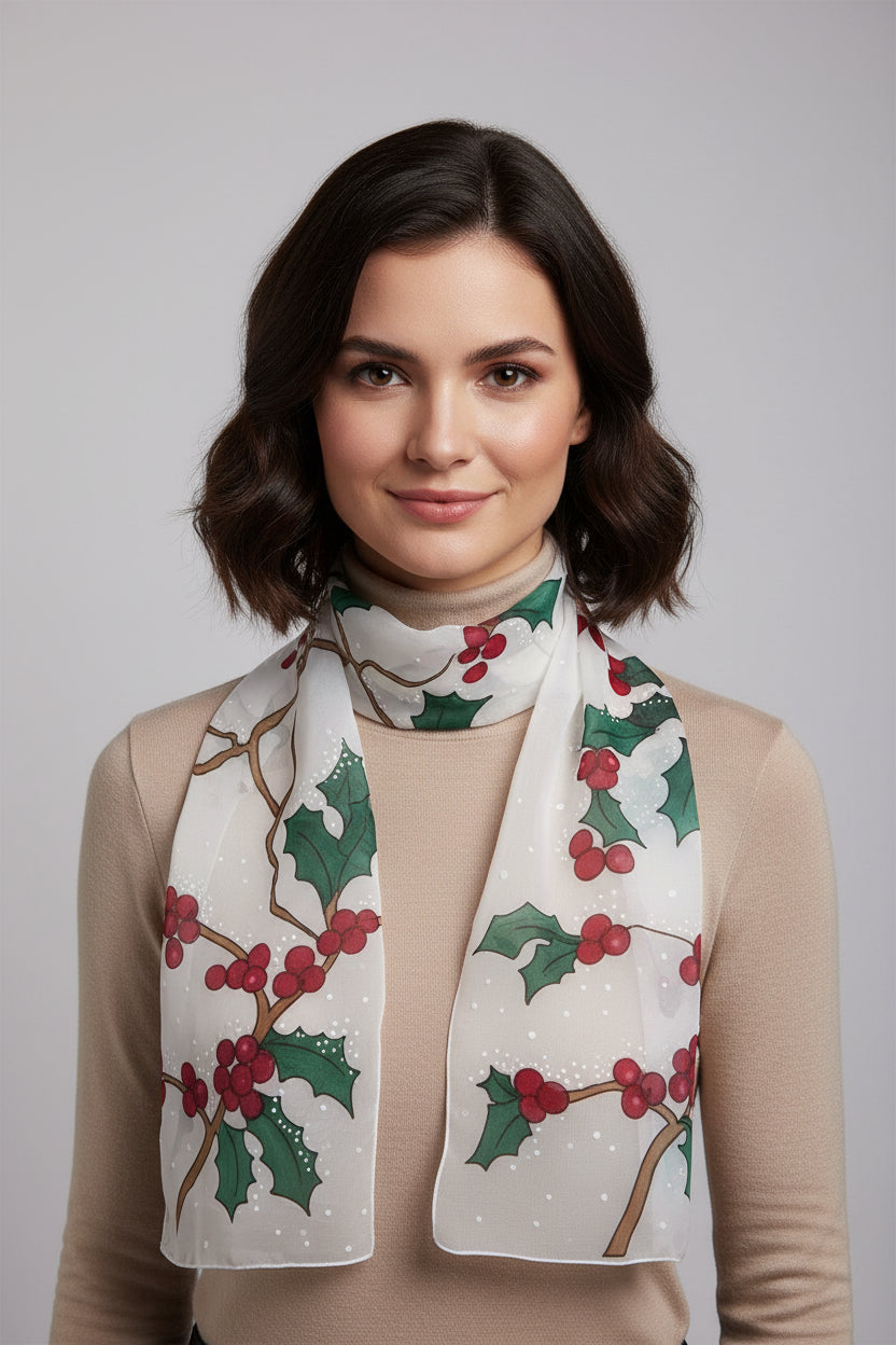 Hand painted Winter scarf, Snowball Winter Bird scarf