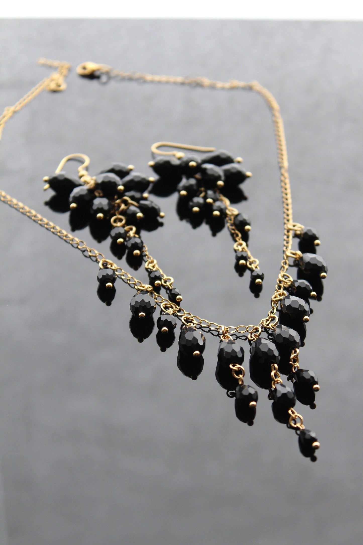 Handmade black glass jewelry set with 18K gold plated stainless steel parts