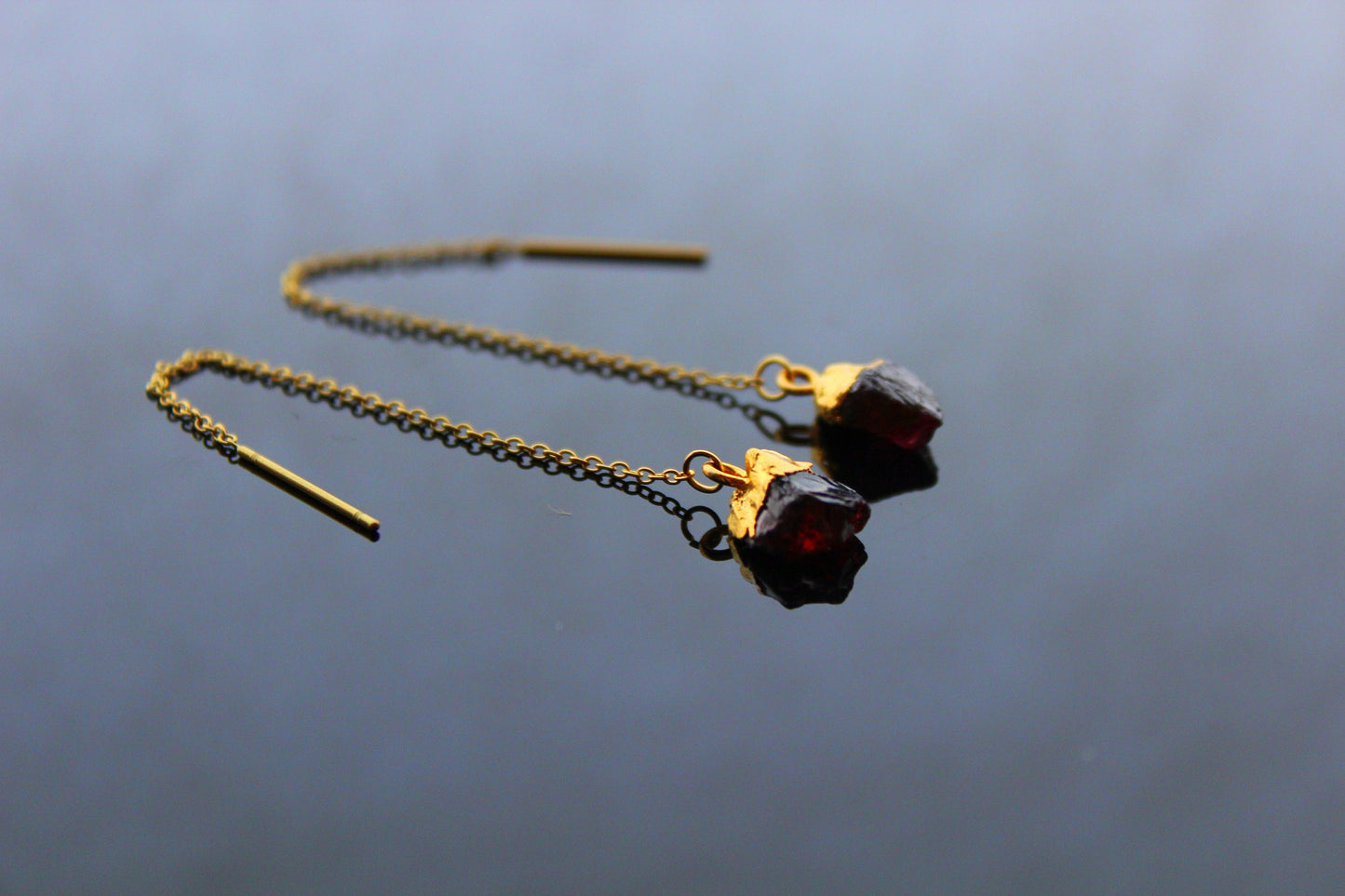 Natural raw garnet 24K gold electroplating threader earrings