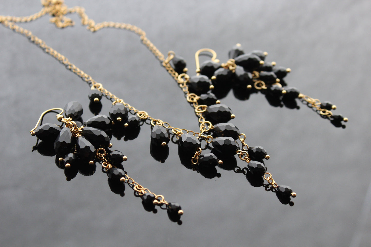Handmade black glass jewelry set with 18K gold plated stainless steel parts