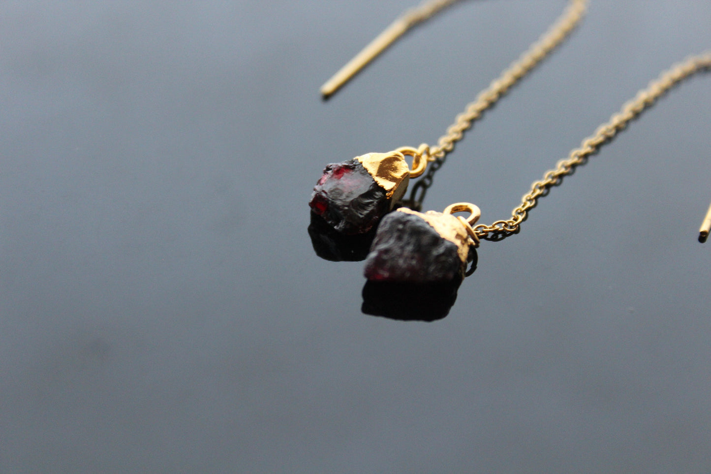 Natural raw garnet 24K gold electroplating threader earrings