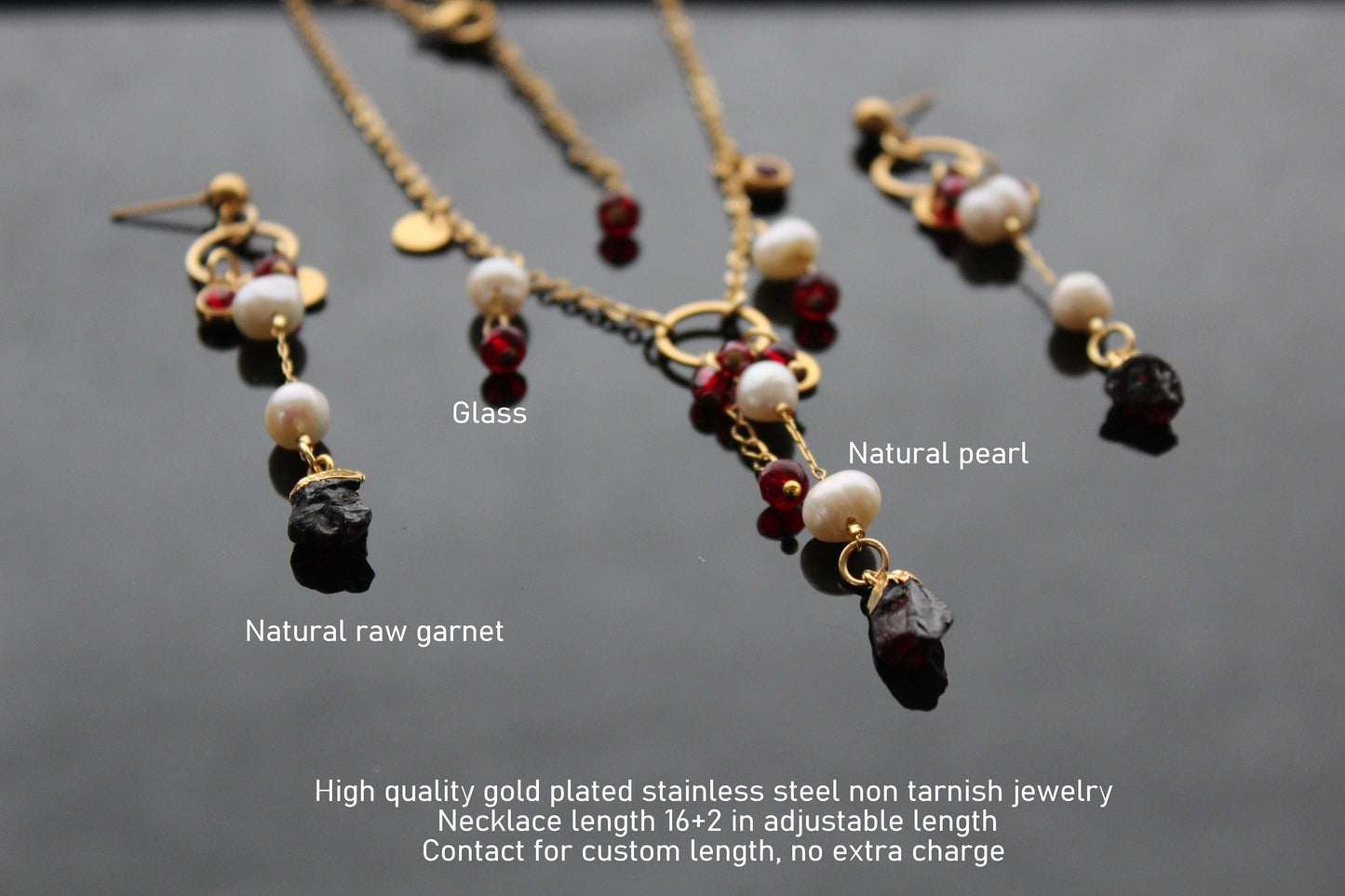 Handmade natural raw garnet and natural pearl jewelry set with glass and stainless steel parts