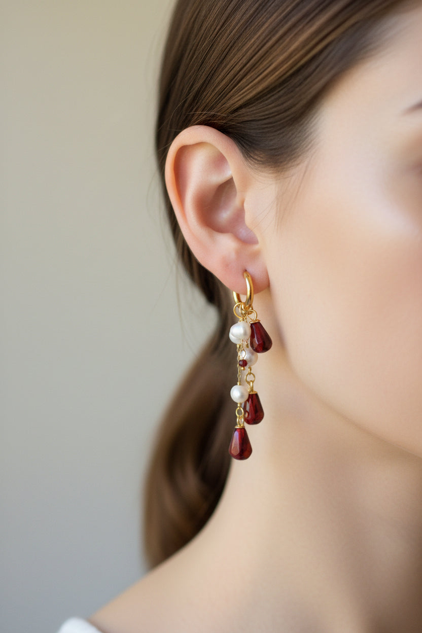 Handmade pomegranate seeds 18K gold plated stainless steel jewelry set with natural pearls