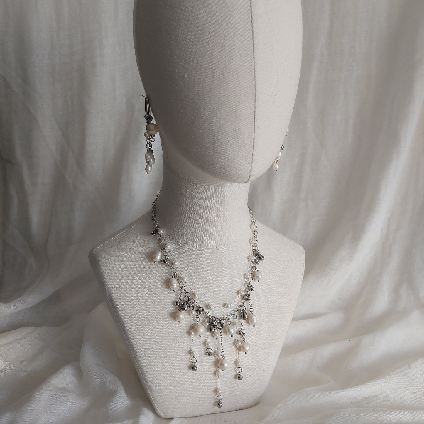 Handmade Natural Pearl Cascade jewelry set with stainless steel parts