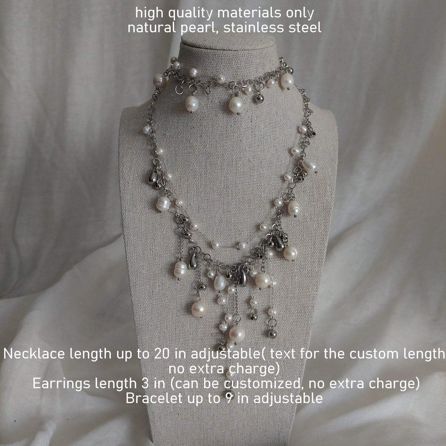Handmade Natural Pearl Cascade jewelry set with stainless steel parts