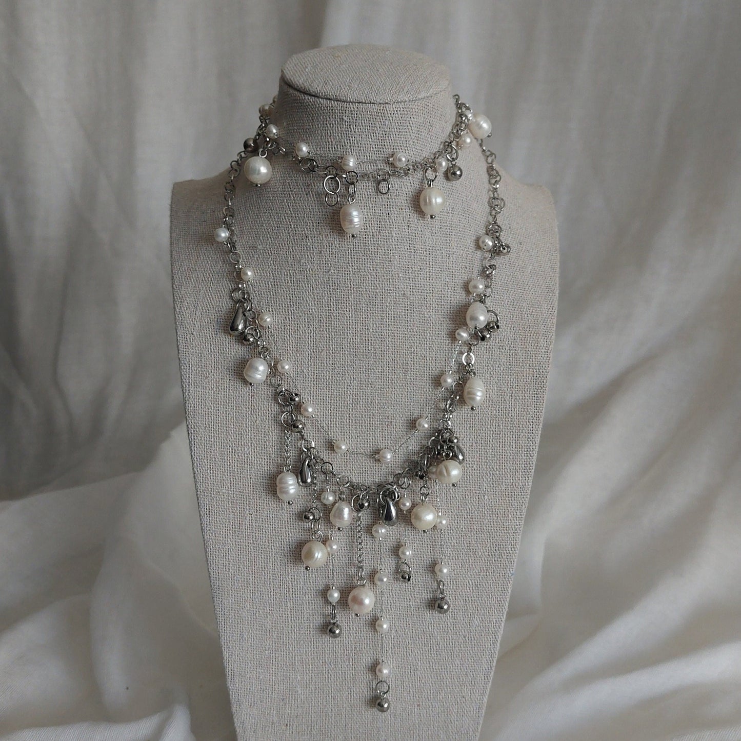 Handmade Natural Pearl Cascade jewelry set with stainless steel parts