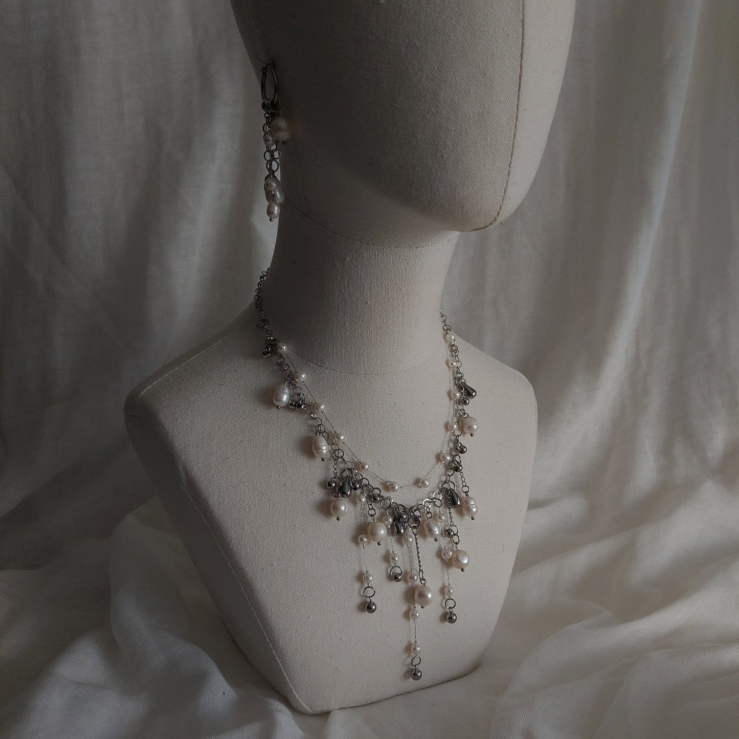 Handmade Natural Pearl Cascade jewelry set with stainless steel parts