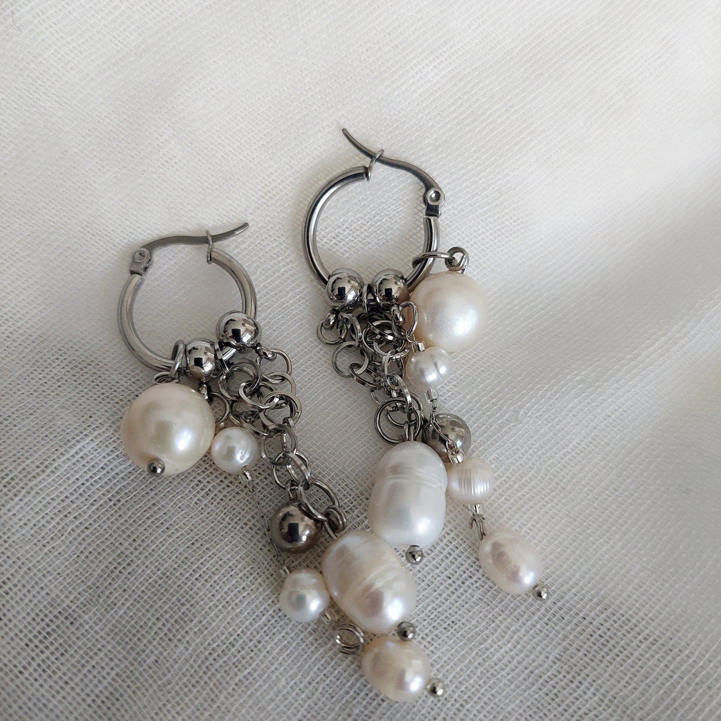 Handmade Natural Pearl Cascade jewelry set with stainless steel parts