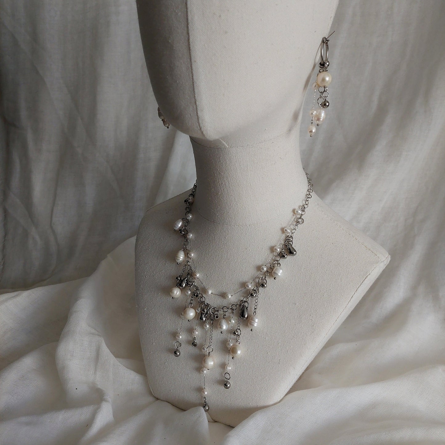 Handmade Natural Pearl Cascade jewelry set with stainless steel parts