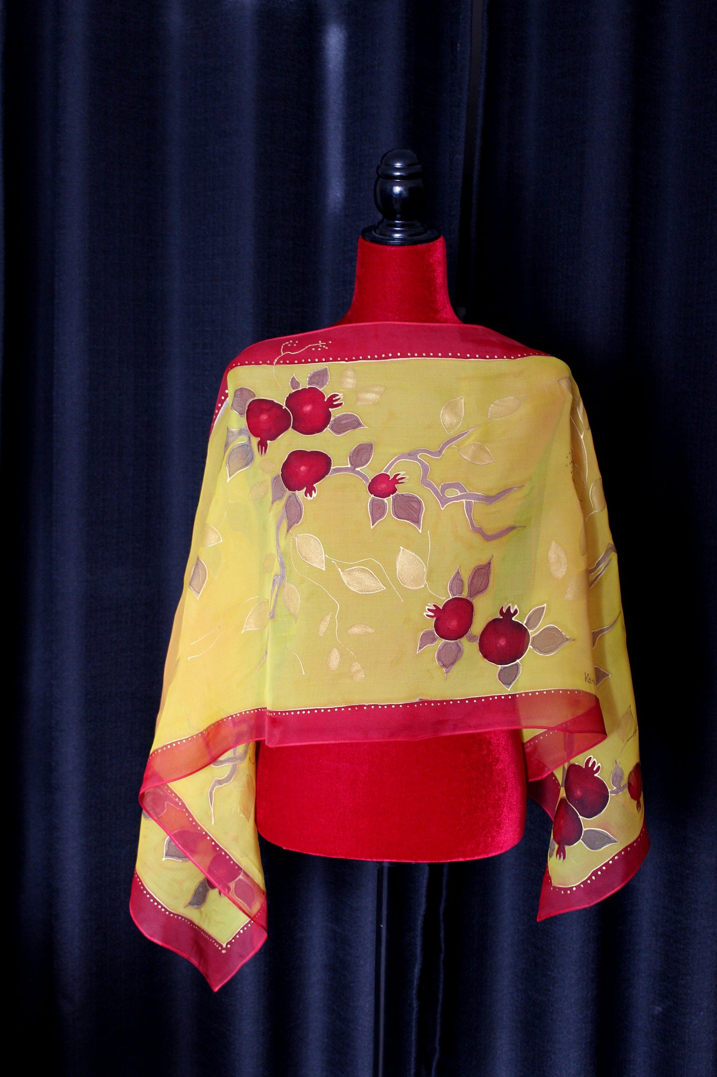 Yellow gold red hand painted silk scarf, Armenian letters, Gift for her