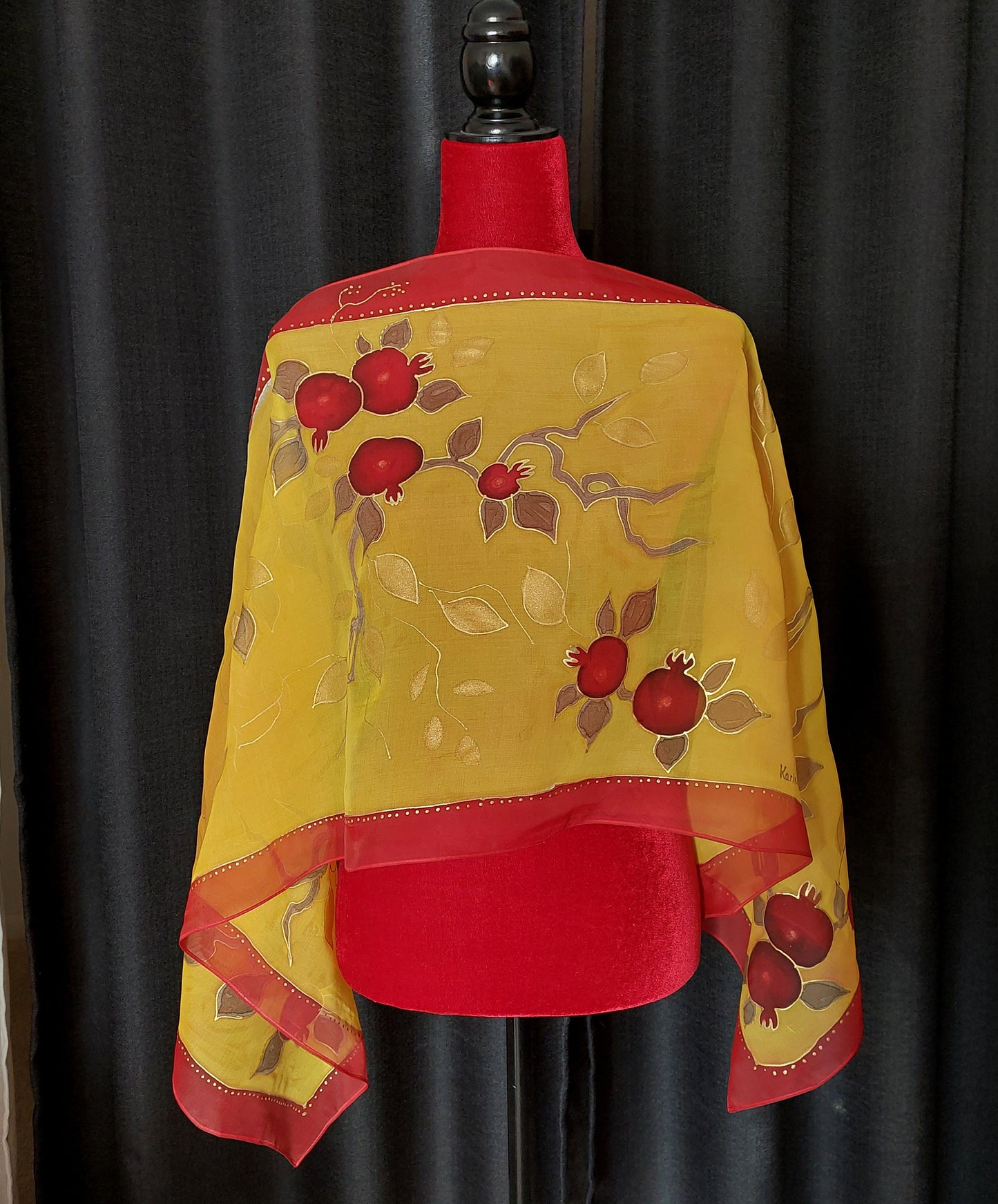 Yellow gold red hand painted silk scarf, Armenian letters, Gift for her