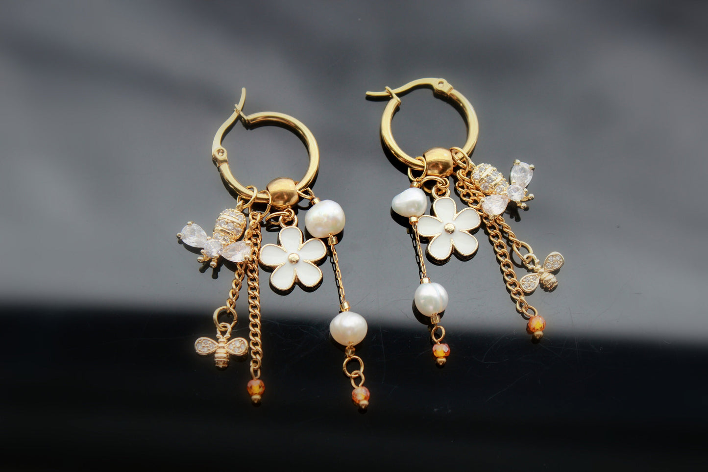 Handmade bee earrings  18K gold plated stainless steel jewelry with natural pearls