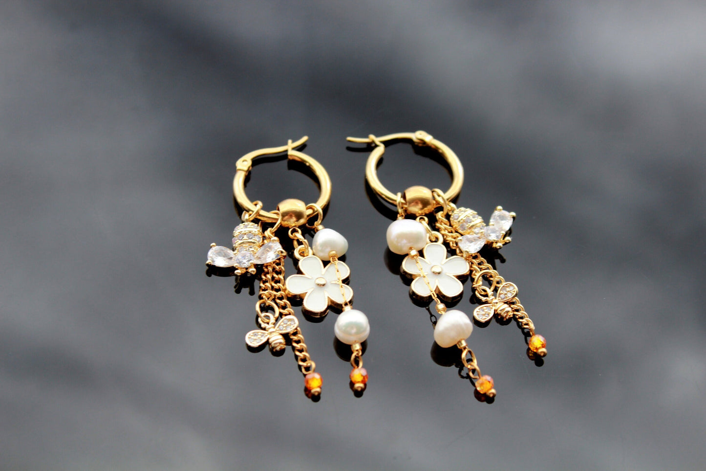 Handmade bee earrings  18K gold plated stainless steel jewelry with natural pearls