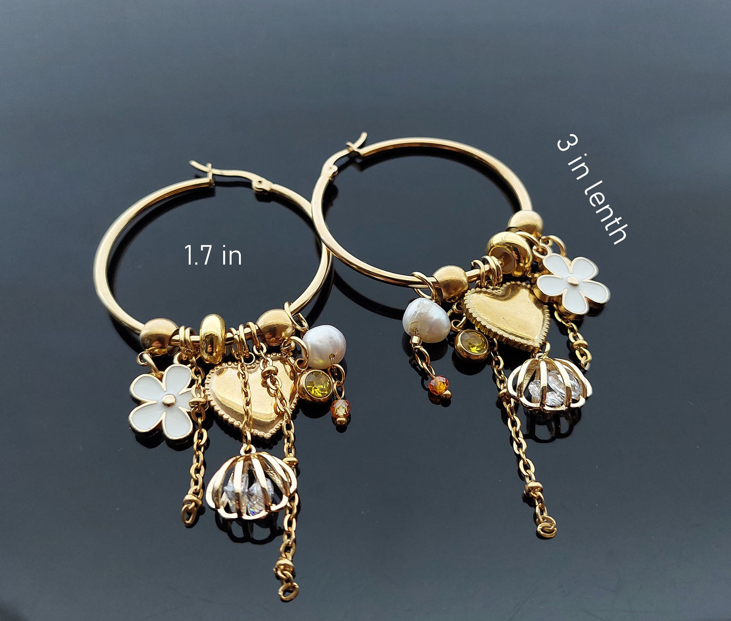 14K gold plated stainless steel handmade non tarnish heart bog hoops