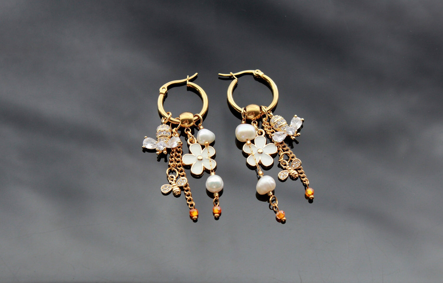 Handmade bee earrings  18K gold plated stainless steel jewelry with natural pearls