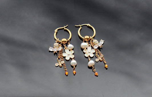 Handmade bee earrings  18K gold plated stainless steel jewelry with natural pearls