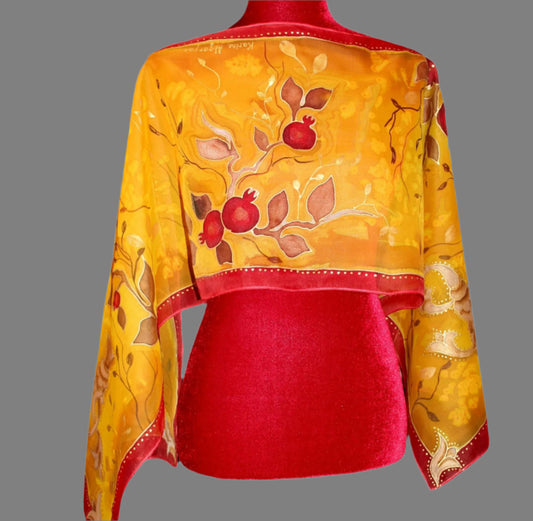 Yellow gold red hand painted silk scarf, Armenian letters, Gift for her