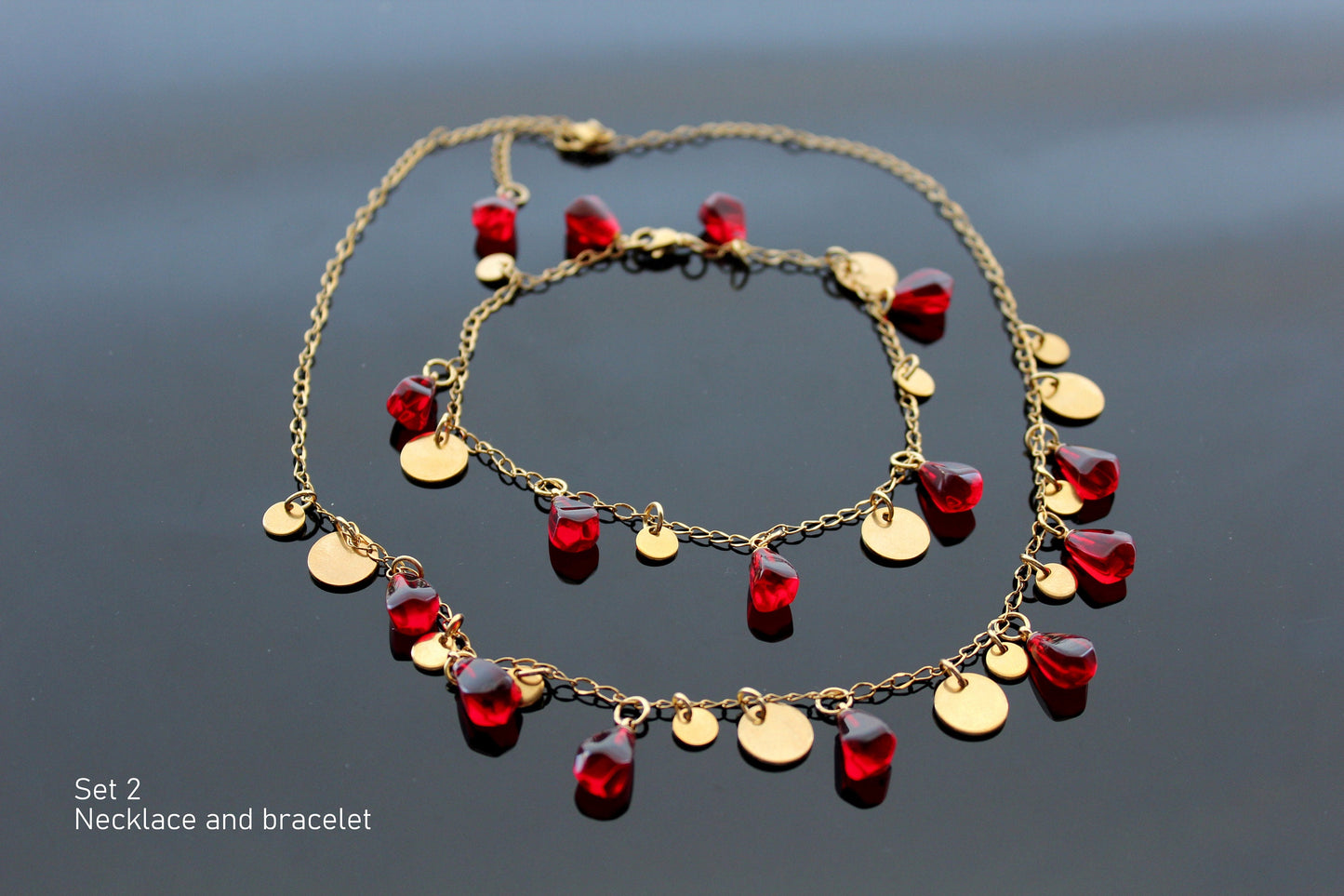 Glass handmade pomegranate seeds 18K gold plated stainless steel jewelry set
