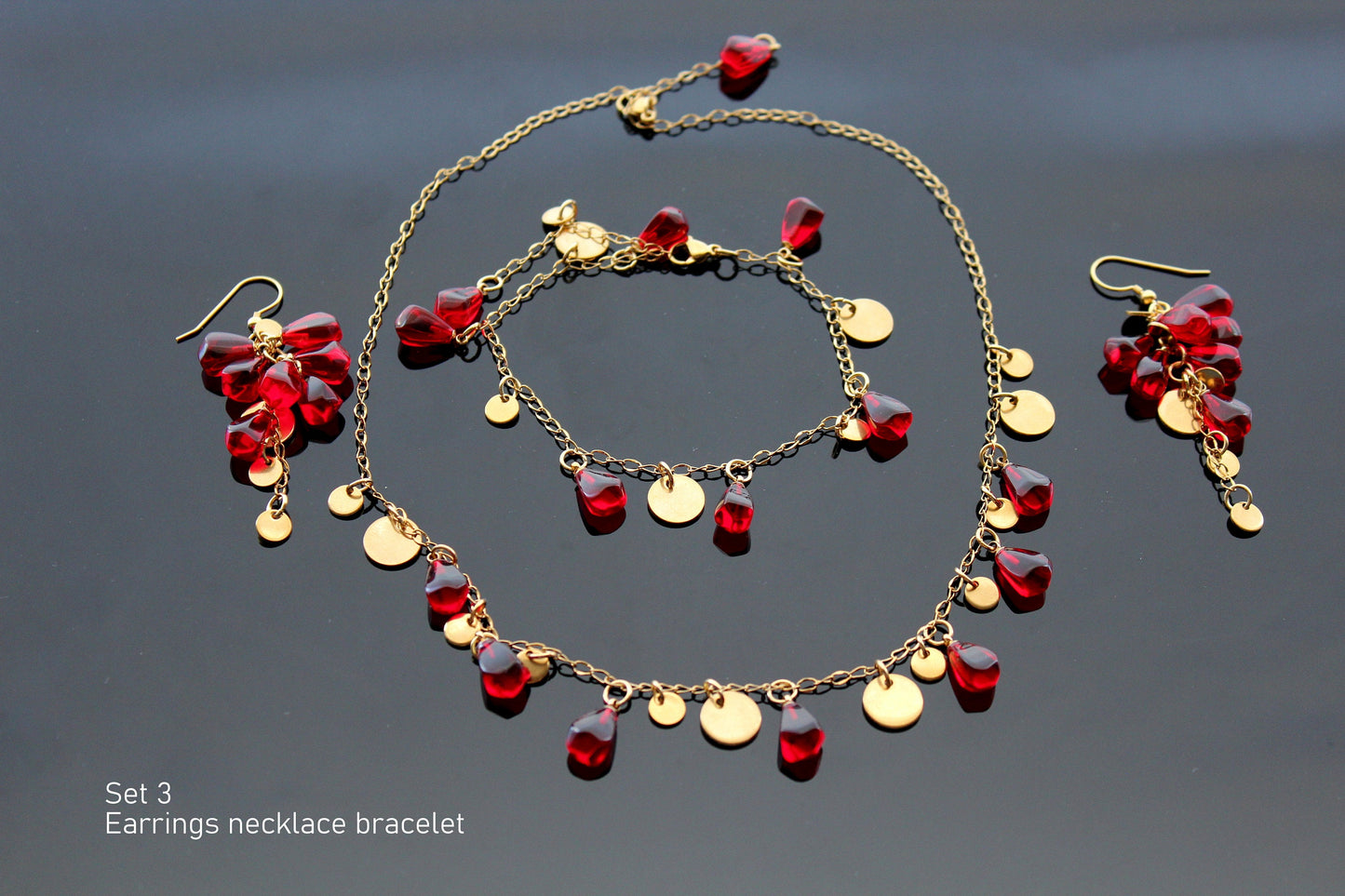 Glass handmade pomegranate seeds 18K gold plated stainless steel jewelry set