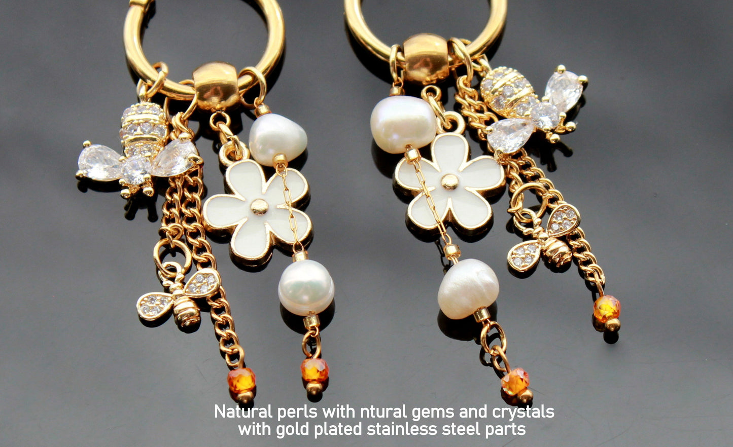 Handmade bee earrings  18K gold plated stainless steel jewelry with natural pearls