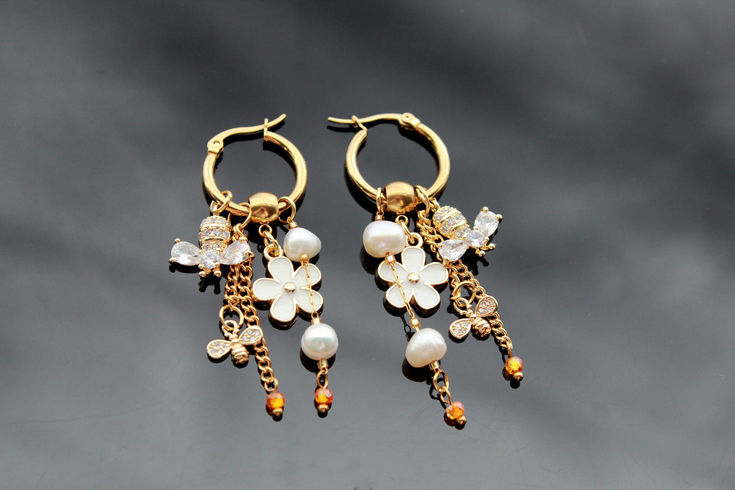 Handmade bee earrings  18K gold plated stainless steel jewelry with natural pearls
